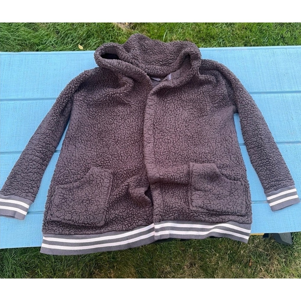 Make + Model Sherpa Fleece Hooded Open Front Cardigan Grey Striped Trim M/L